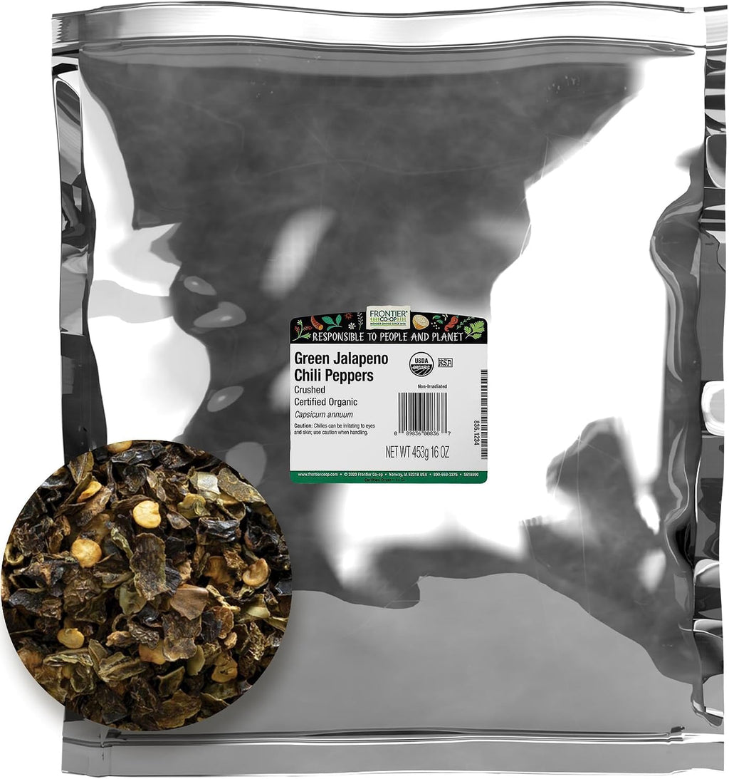 Frontier Co-op Chili Peppers Crushed, Jalapeno Flakes, Green, Certified Organic, Kosher | 1 lb. Bulk Bag | Capsicum annuum