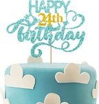 Sky Blue Glitter Happy 24th Birthday Cake Topper, 1 x 6.3" x 3.5" Cardboard & Wood, Perfect for Birthday Parties