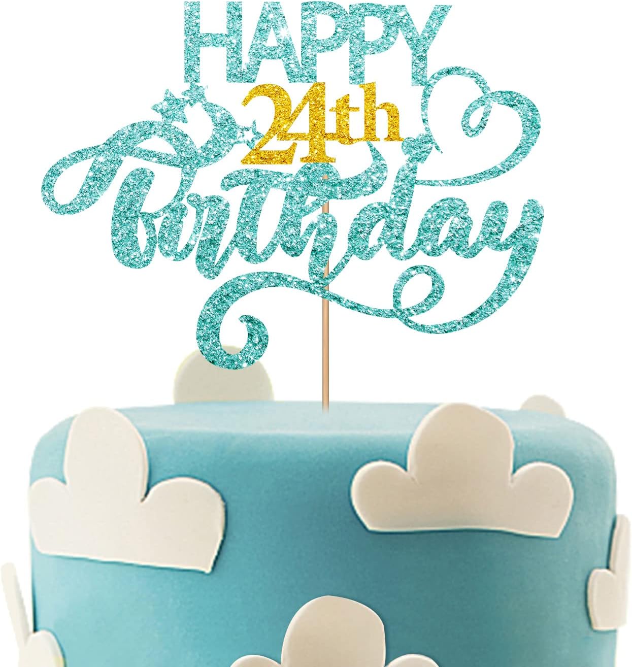Sky Blue Glitter Happy 24th Birthday Cake Topper, 1 x 6.3" x 3.5" Cardboard & Wood, Perfect for Birthday Parties