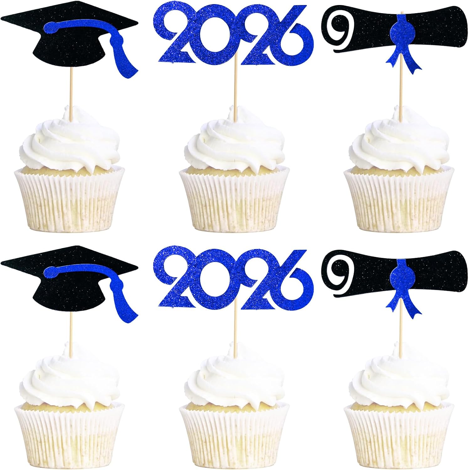 Pre-Assembled Graduation Cupcake Toppers 48 PCS, Class of 2026 Mini Cake Decorations Grad Cap & Diploma, Food & Appetizer Picks for Graduation Party