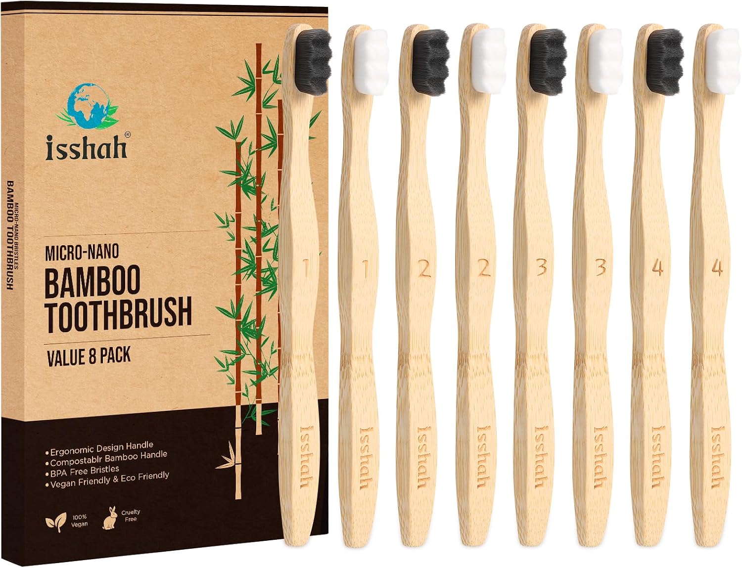 Extra Soft Bamboo Toothbrush, Micro Nano 20,000 Bristles Toothbrushes for Sensitive Gum, FSC Certified and PETA Approved, Pack of 8