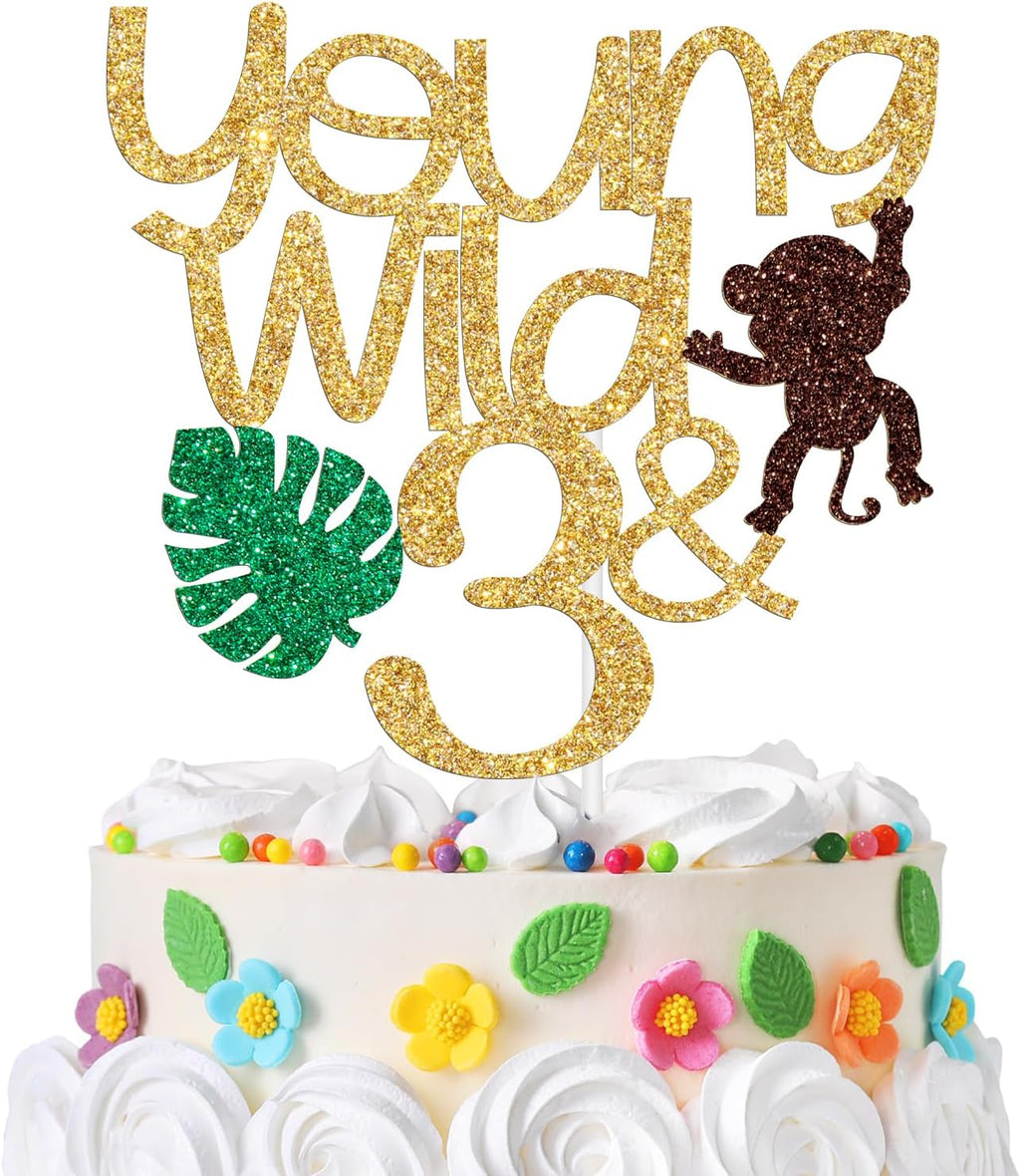 Young Wild and Three Cake Topper, Happy 3rd Birthday Decorations, for Kids 3rd Birthday Party Cake Decor, Gold and Brown Glitter