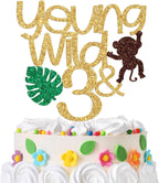 Young Wild and Three Cake Topper, Happy 3rd Birthday Decorations, for Kids 3rd Birthday Party Cake Decor, Gold and Brown Glitter