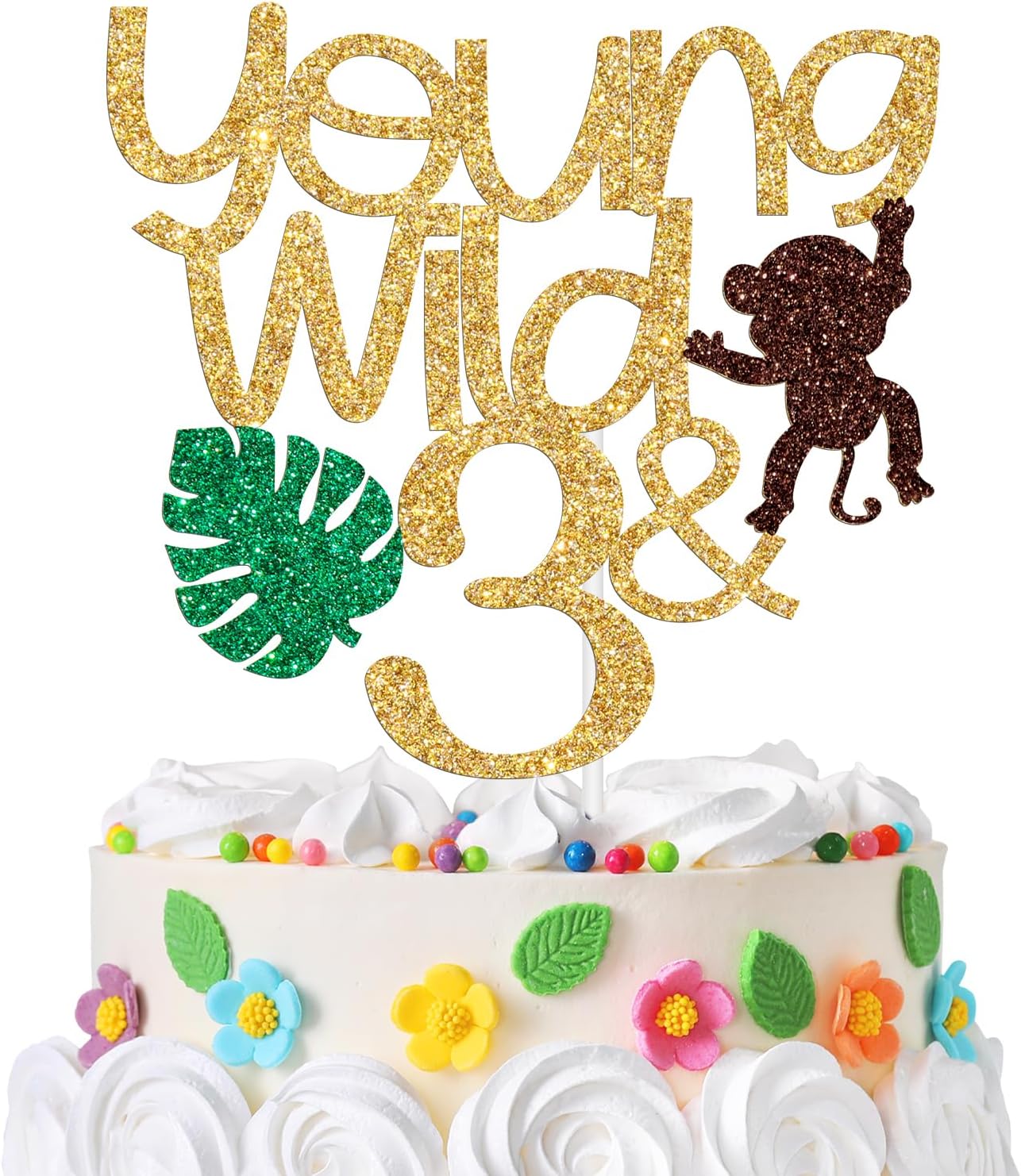 Young Wild and Three Cake Topper, Happy 3rd Birthday Decorations, for Kids 3rd Birthday Party Cake Decor, Gold and Brown Glitter
