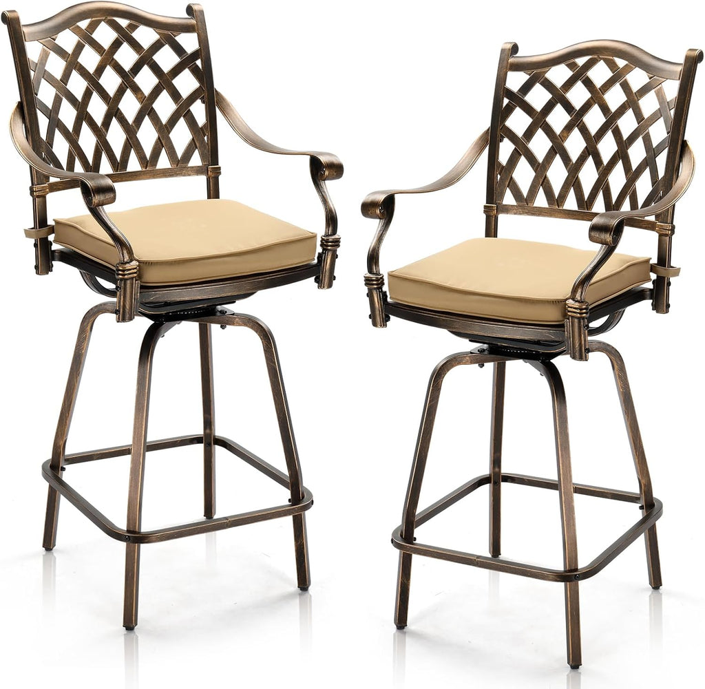 Outvita Outdoor Patio Swivel Bar Stools Set of 2, All-Weather Cast Aluminum Bar Height Bistro Chairs, Counter Height Outdoor Barstools, with Cushions for Garden, Load Capacity: 380 lbs