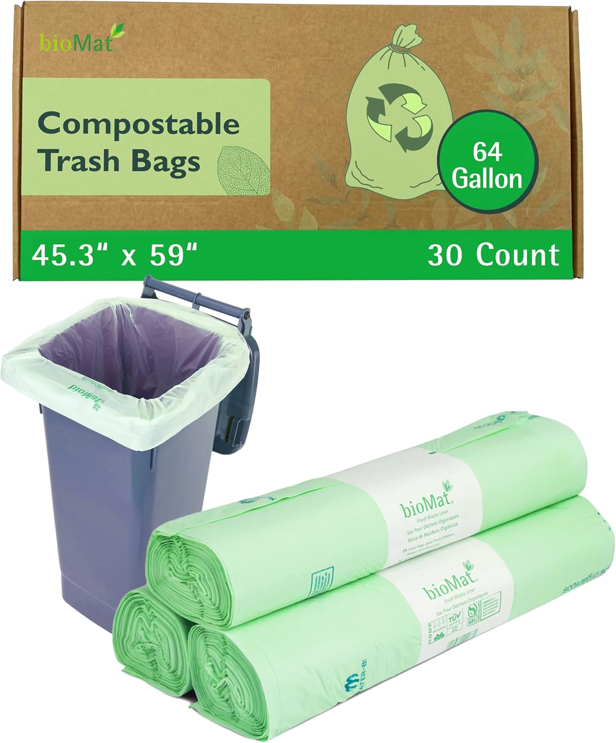 bioMat Compostable Trash Bags 64 Gallon, 30 Count, Extra Large Kitchen Food Scrap Bin Liners, BPI, CMA and OK Compost HOME certified, Meets the ASTM D6400 Standard
