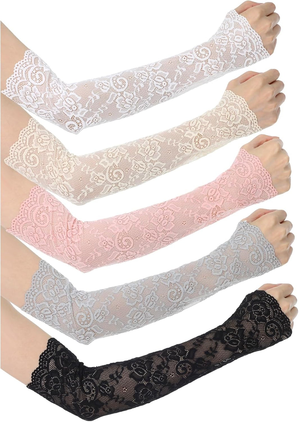 5 Pairs Women Lace Arm Sleeves Fingerless Arm Sleeve Floral Hollow Arms Cover Warmer Elbow Length Lace Sleeves to Cover Arms for Women