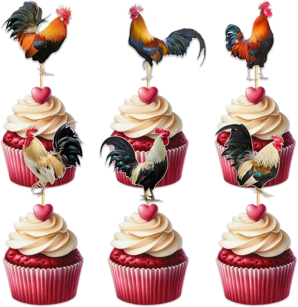 18 Pieces Glitter Rooster Cupcake Topper for Farm Theme Party Favors Decorations Men Women Happy Birthday Party Decor Supplies