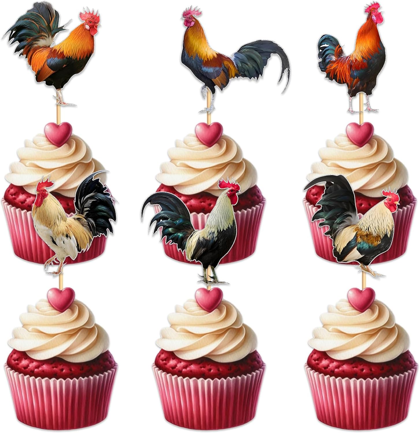 18 Pieces Glitter Rooster Cupcake Topper for Farm Theme Party Favors Decorations Men Women Happy Birthday Party Decor Supplies