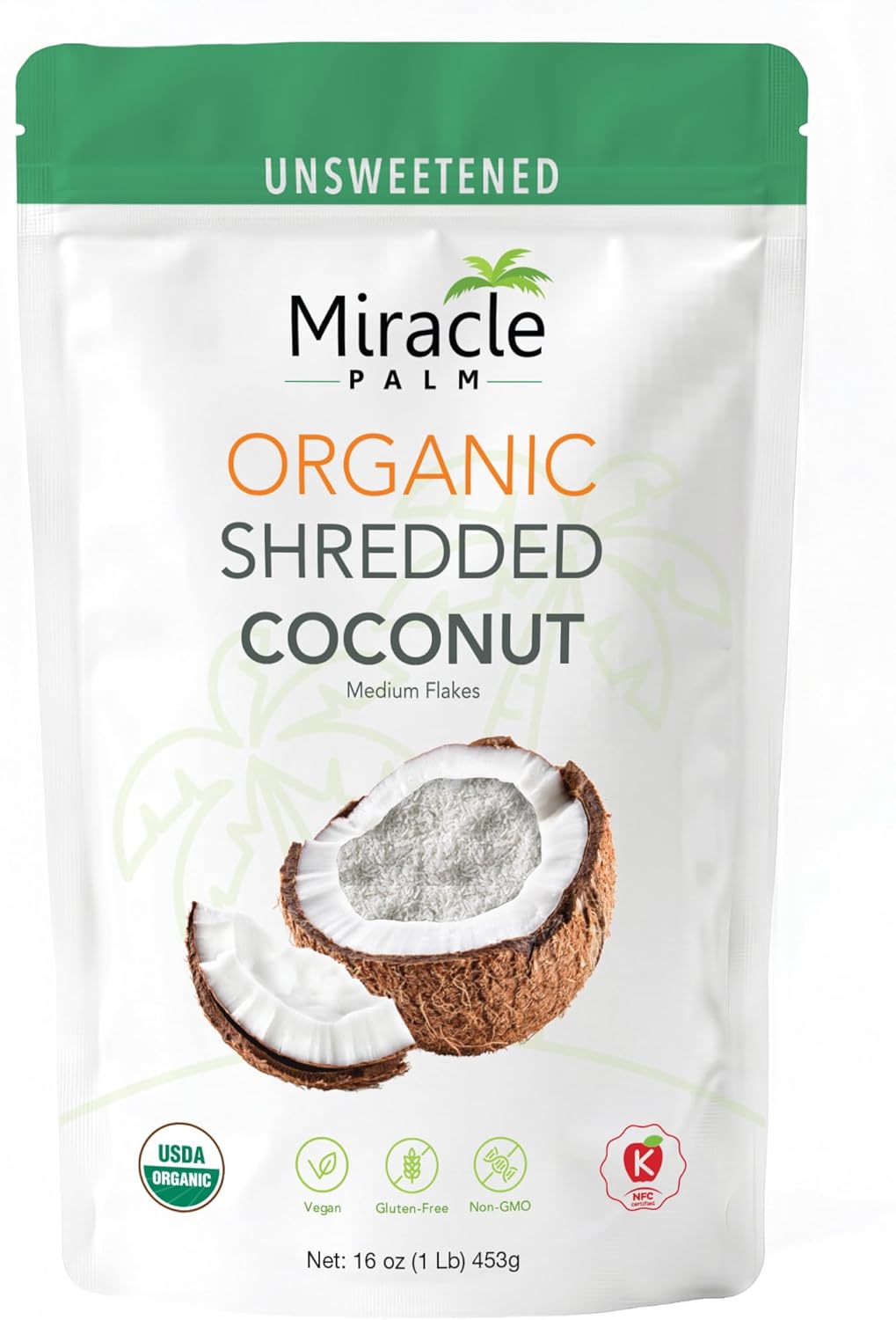 Miracle Palm Organic Unsweetened Shredded Coconut 1 lb (16oz), Perfect for Baking, Cooking & Snacking, Vegan, Gluten-Free, Non-GMO, Rich in MCT & Fiber, Ideal for Keto & Recipes, Origin from Sri Lanka