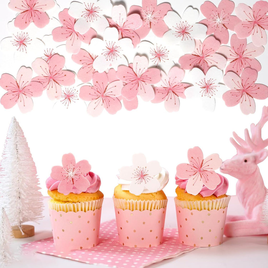 60 Pcs Edible Flowers Cake Topper Cupcake Toppers Decorations Wafer Paper Pink Cherry Blossom Flowers Wedding Themed Party Birthday Cake Decoration