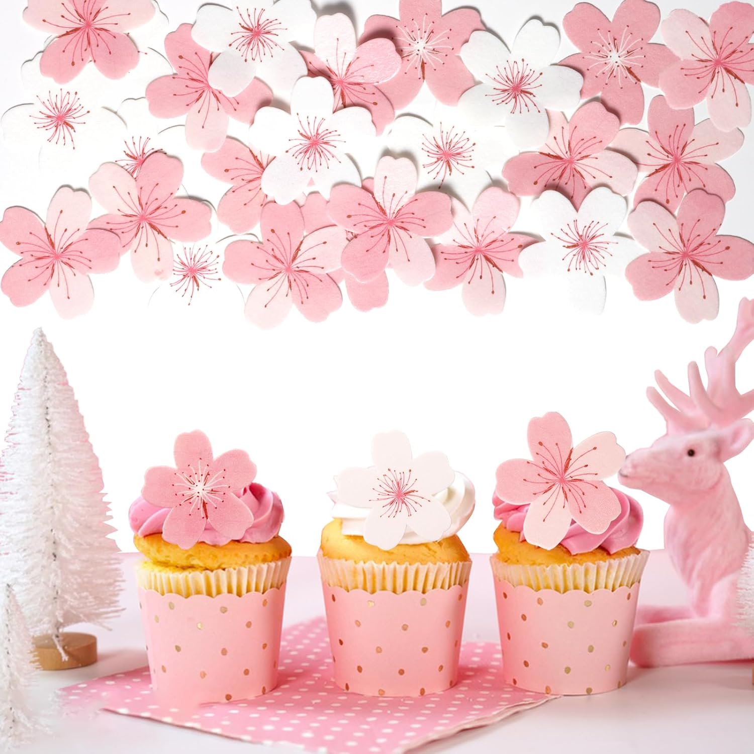 60 Pcs Edible Flowers Cake Topper Cupcake Toppers Decorations Wafer Paper Pink Cherry Blossom Flowers Wedding Themed Party Birthday Cake Decoration