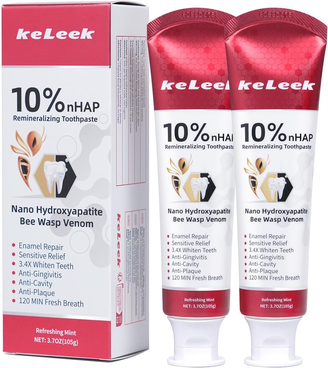 2PCS 10% Nano-Hydroxyapatite Bee Wasp Venom Toothpaste for Remineralizing Enamel & Sensitive Relief, Fights Plaque- 12OMIN Fresh Breath
