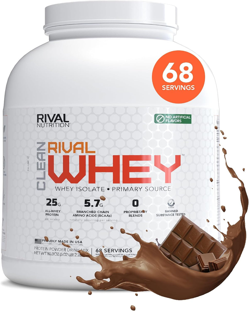 RIVAL NUTRITION Clean Rival Whey Pure Chocolate Protein Powder I Whey Isolate Primary Source I 5.02 Lb, 68 Servings I No Artificial Flavors or Colors I 25g Protein Per Scoop | Muscle Recovery