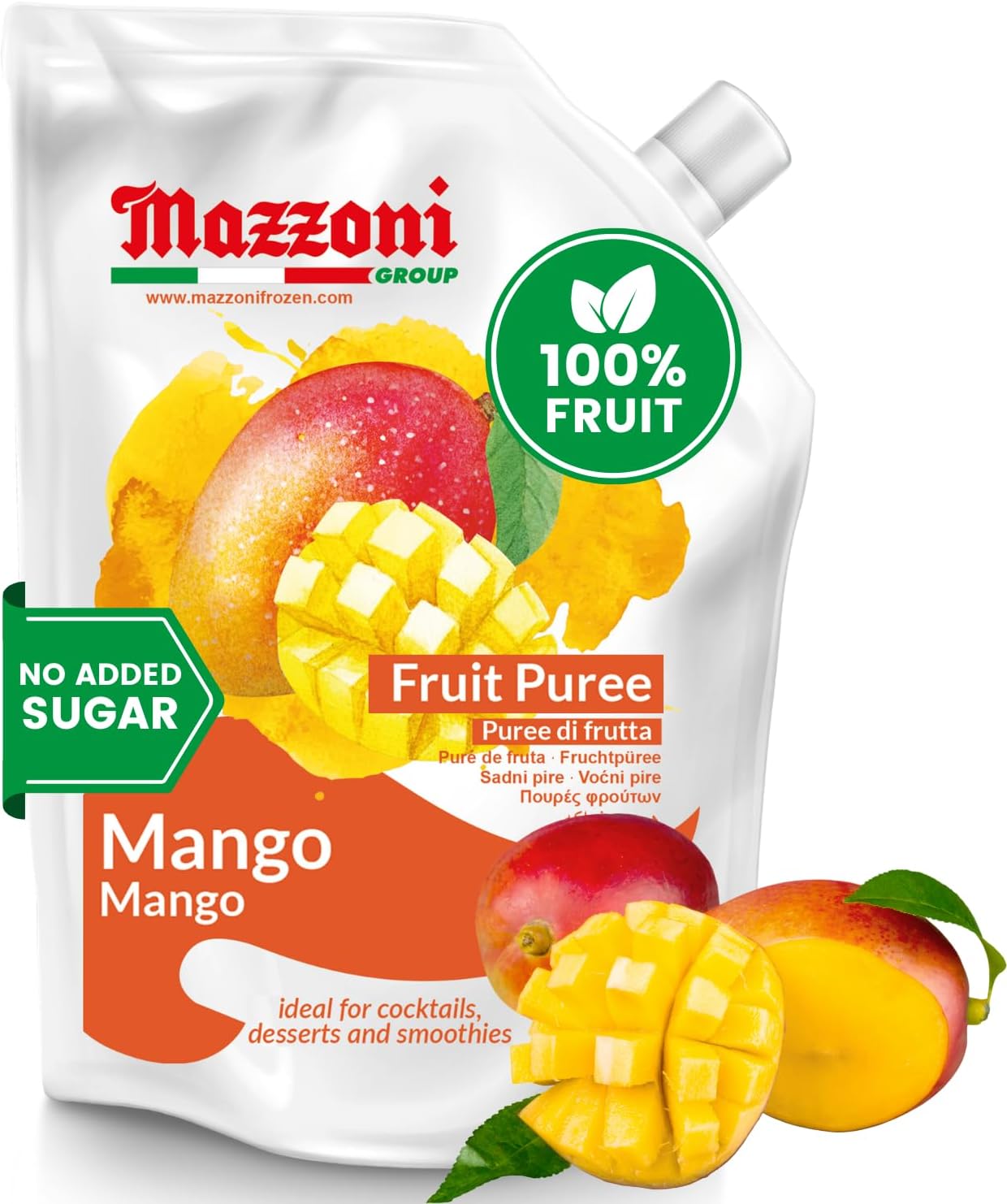 Mazzoni - Mango Puree, Juice, 100% Pure Mango Lassi, Just Fruit, Nectar, No Sugar Added, 2.2 lbs (35.2 oz) Real Fruit Mixer for Cocktails, Drinks, Smoothies, Convenient Pouch, Made in Italy