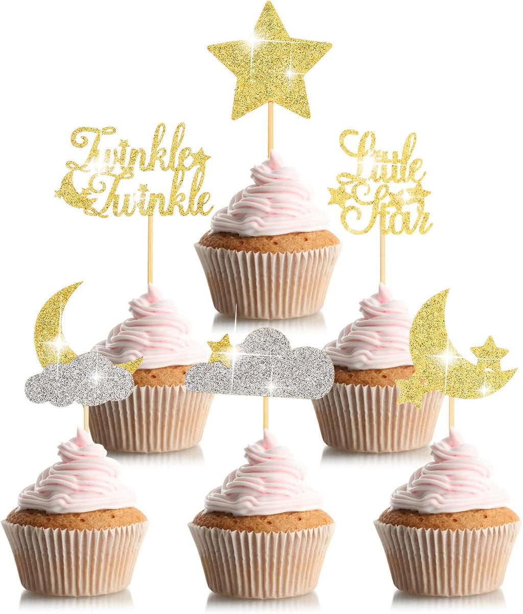 48 Pcs Glitter Little Star Cupcake Toppers Moon Cloud Cupcake Picks Twinkle Twinkle Little Star Baby Shower Decorations for Kids Birthday Wedding Party Cake Supply (Gold, Silver)