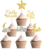48 Pcs Glitter Little Star Cupcake Toppers Moon Cloud Cupcake Picks Twinkle Twinkle Little Star Baby Shower Decorations for Kids Birthday Wedding Party Cake Supply (Gold, Silver)