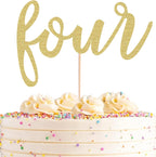 Four Cake Topper - Gold Glitter Happy 4th Birthday Cake Decorating Supplies, for Boy or Girl Party Photo Booth Props