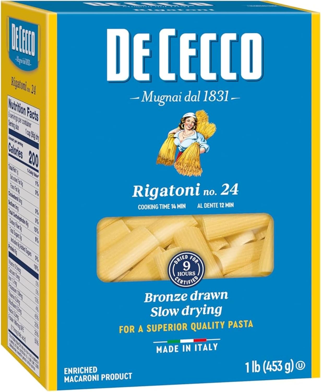 De Cecco Rigatoni No. 24 Pasta, 16 Oz, Authentic, Slow Dried, Made with Semolina and Durum Wheat, Versatile Pasta for Sauces & Recipes, Made in Italy