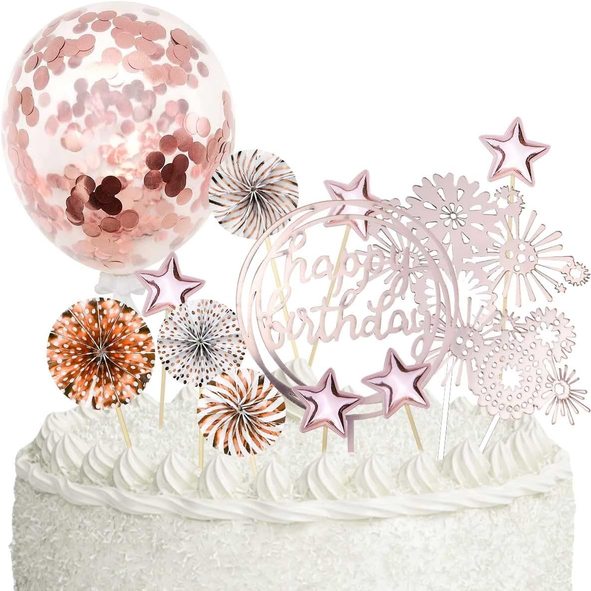 Cake Topper Decoration Set Acrylic Glitter Happy Birthday Cake Topper with Confetti Balloon Paper Fans Firework Cupcake Toppers for Rose Golden Theme Decor Women Birthday Party Supplies (Rose Gold)