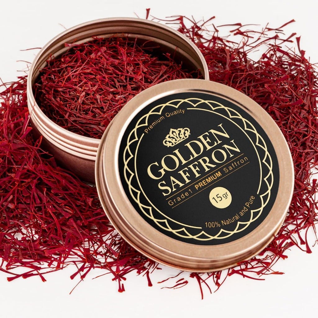 Golden Saffron, Finest Pure Premium All Red Saffron Threads, Grade A+ Super Negin, Non-GMO Verified. For Tea, Paella, Rice, Desserts, Golden Milk and Risotto (15.0 Grams)