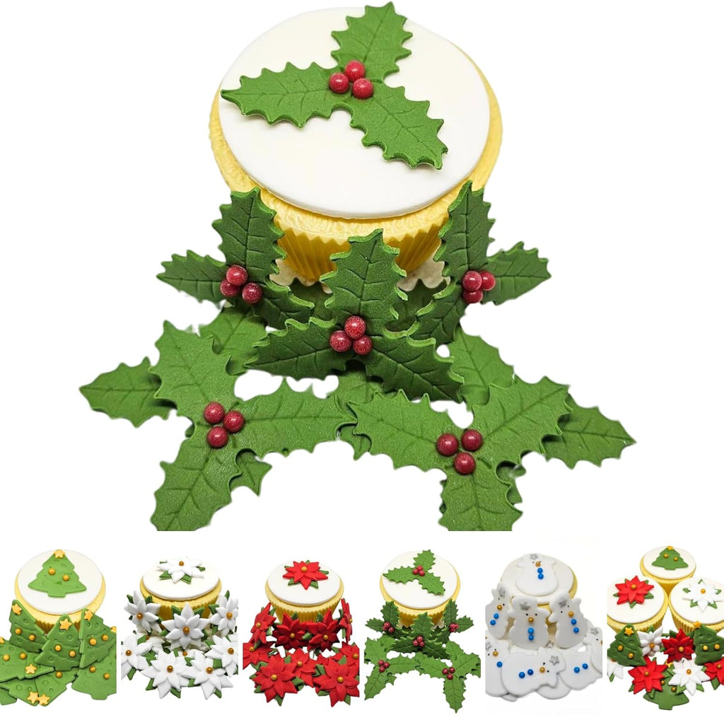 Edible Christmas Cake Cupcake Topper Decorations - Quality Handmade Sugar Paste Cake Decorations *HANDMADE IN THE UK * DELIVERY IN 6-7 DAYS (Holly x 12)