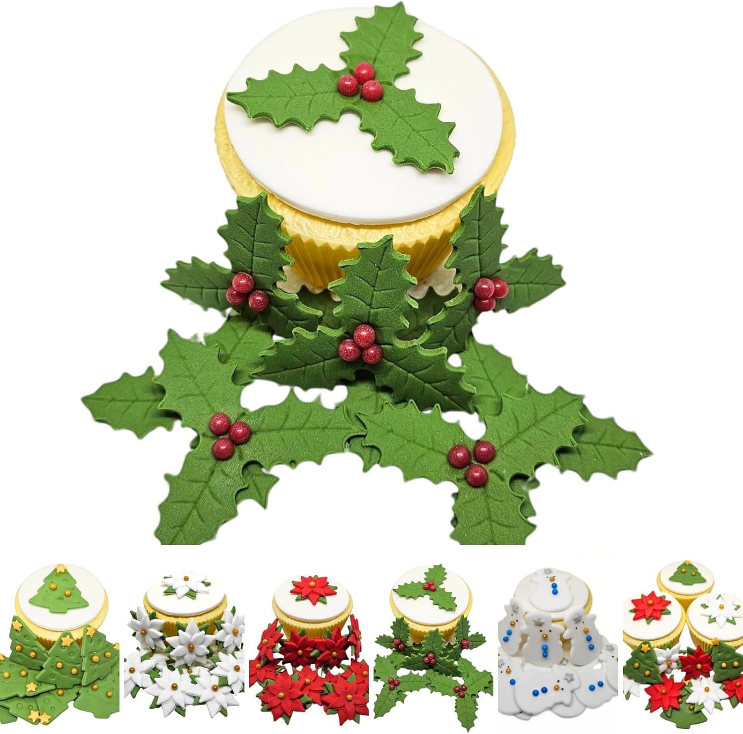 Edible Christmas Cake Cupcake Topper Decorations - Quality Handmade Sugar Paste Cake Decorations *HANDMADE IN THE UK * DELIVERY IN 6-7 DAYS (Holly x 12)