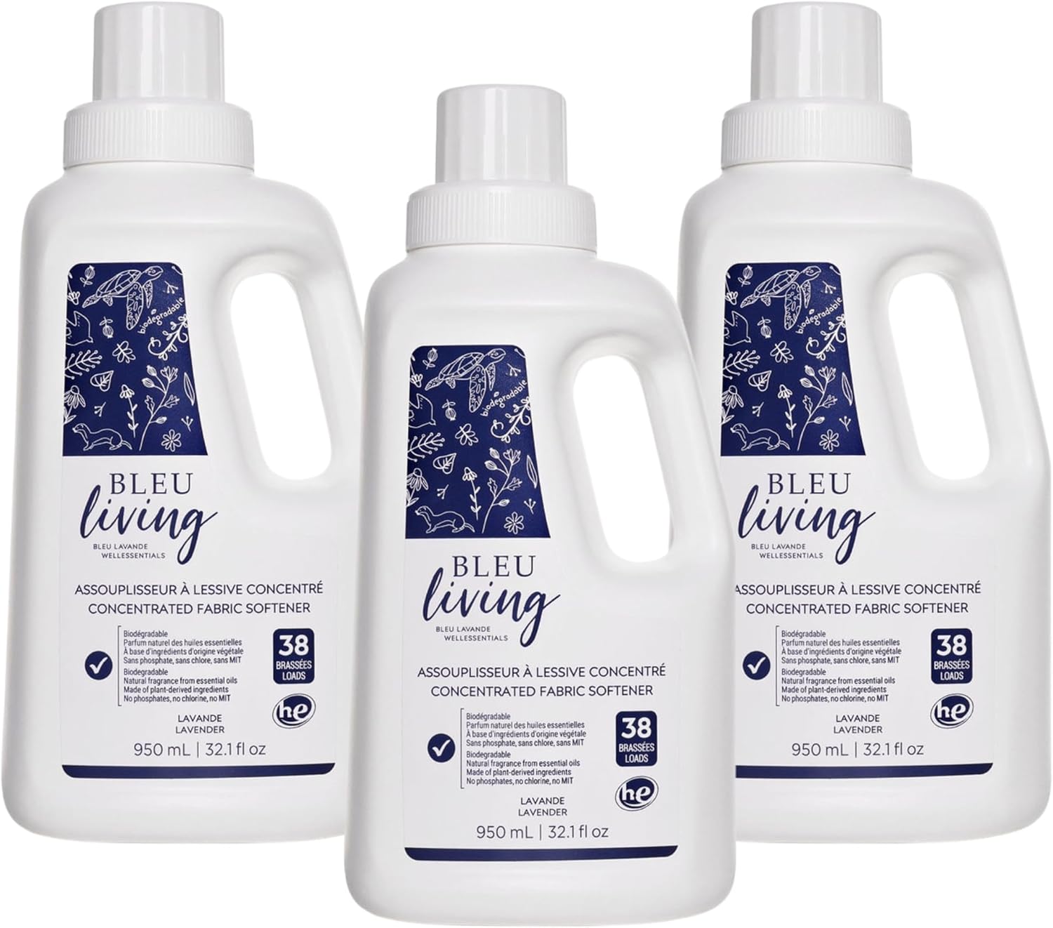 Bleu Lavande - 3-Pack Natural Fabric Softener – Concentrated Lavender Liquid Softener - Biodegradable, Eco-friendly, Hypoallergenic - Chloride & Phosphate-free - Aromatherapy - (38 loads-950 ml) x3