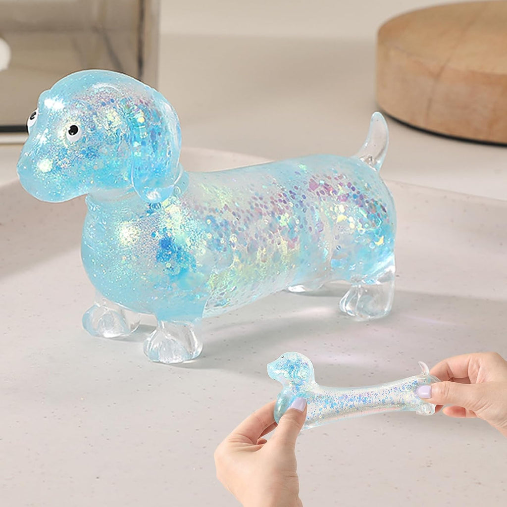 Dachshund Squishy, Soft Touch, Squishy Weiner Dog, 4.3in Sparkly Cute Mini Rainbow Sausage Dogs with Face for Adults (Blue)