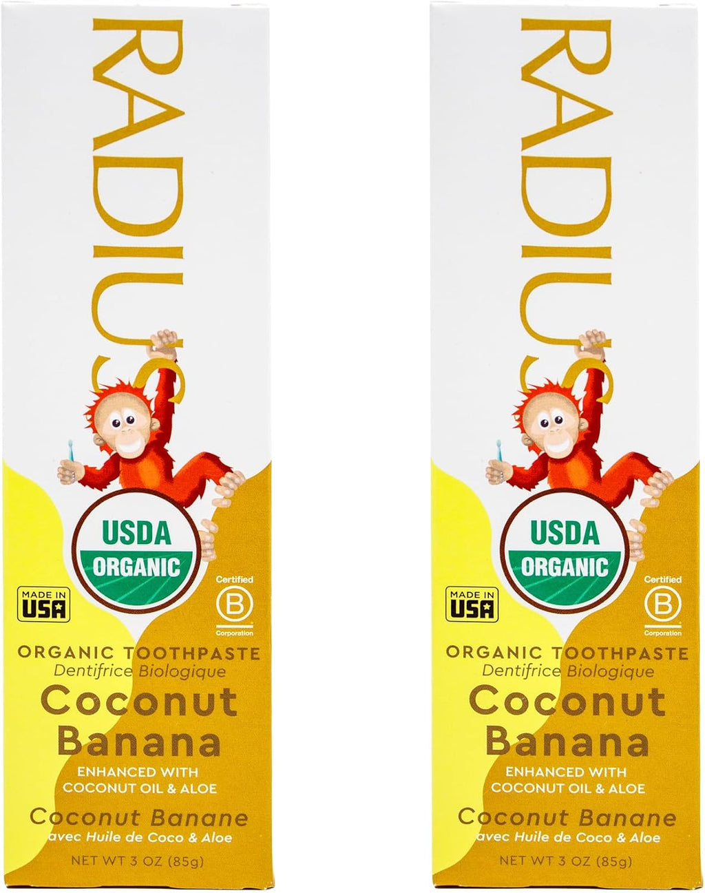 RADIUS Children's Toothpaste, Coconut Banana, 3 oz, Non-Toxic Chemical-Free Gluten-Free, Designed to Improve Gum Health & Prevent Cavities, Pack of 2