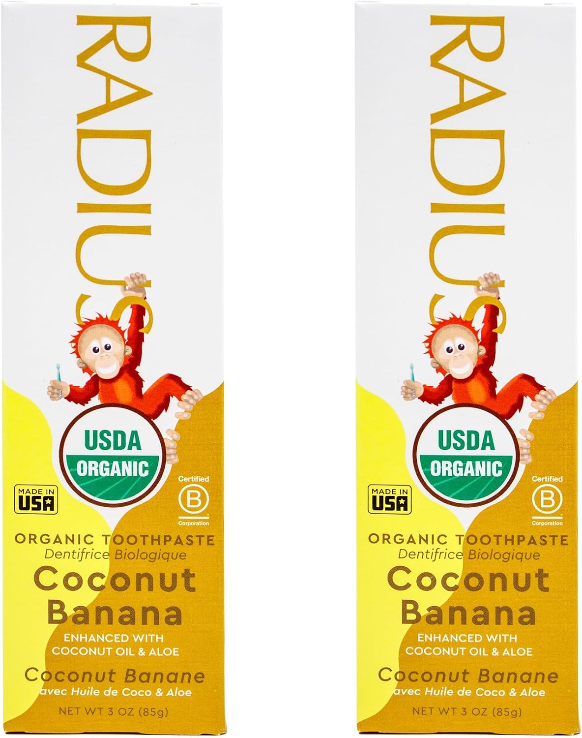 RADIUS Children's Toothpaste, Coconut Banana, 3 oz, Non-Toxic Chemical-Free Gluten-Free, Designed to Improve Gum Health & Prevent Cavities, Pack of 2
