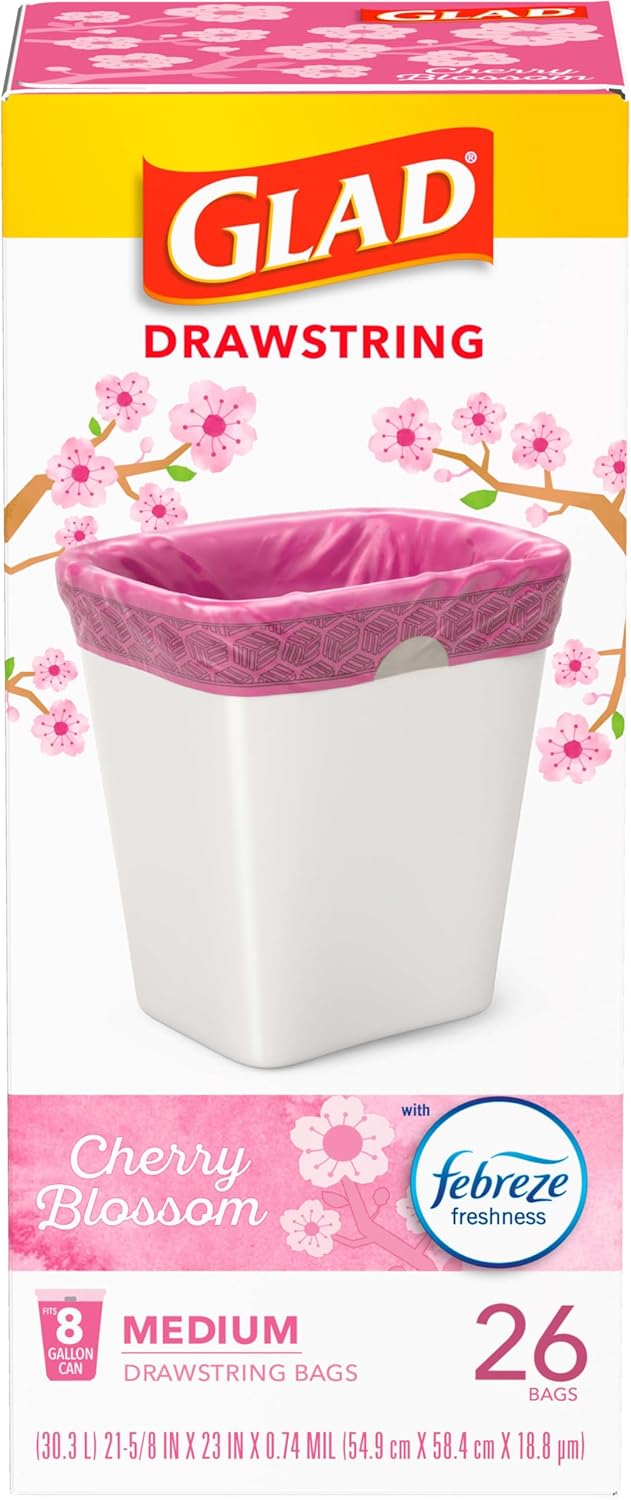 Glad OdorShield Medium Trash Bags, 8 Gal, Febreze Cherry Blossom, 26 Ct (Package May Vary)