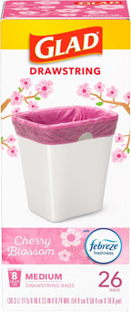 Glad OdorShield Medium Trash Bags, 8 Gal, Febreze Cherry Blossom, 26 Ct (Package May Vary)