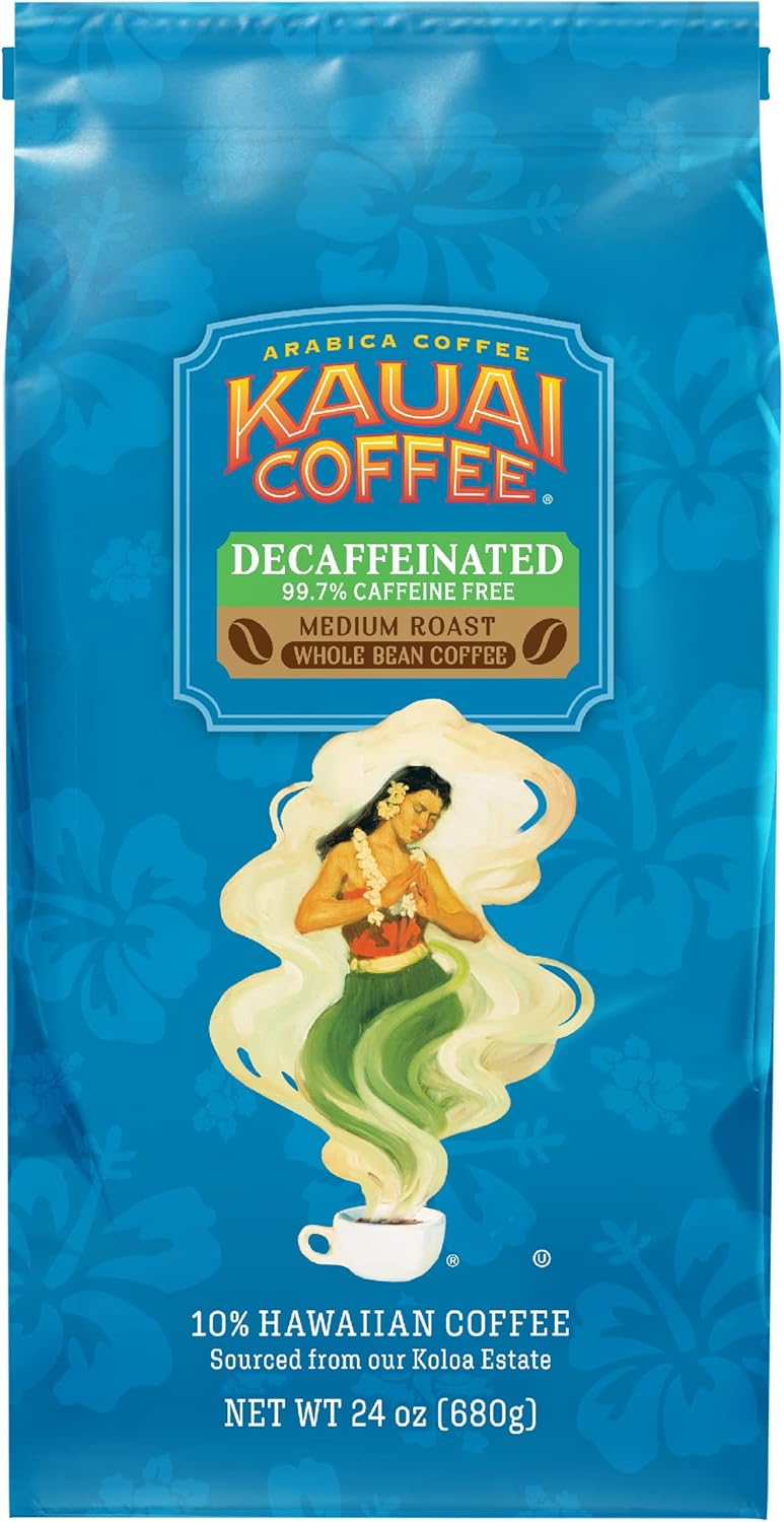 Kauai Coffee Whole Bean Coffee – Smooth, Non-Bitter Medium Roast Pure Arabica – Floral Notes and Bright Aroma – Grown on Hawaii's Largest Coffee Farm – Decaf, 1 Pack of 24oz