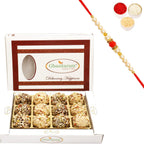 Ghasitaram Gifts Rakhi Gifts for Brothers Rakhi Sweets - Chocolate Dryfruit Laddoos in White Box with Beads Rakhi