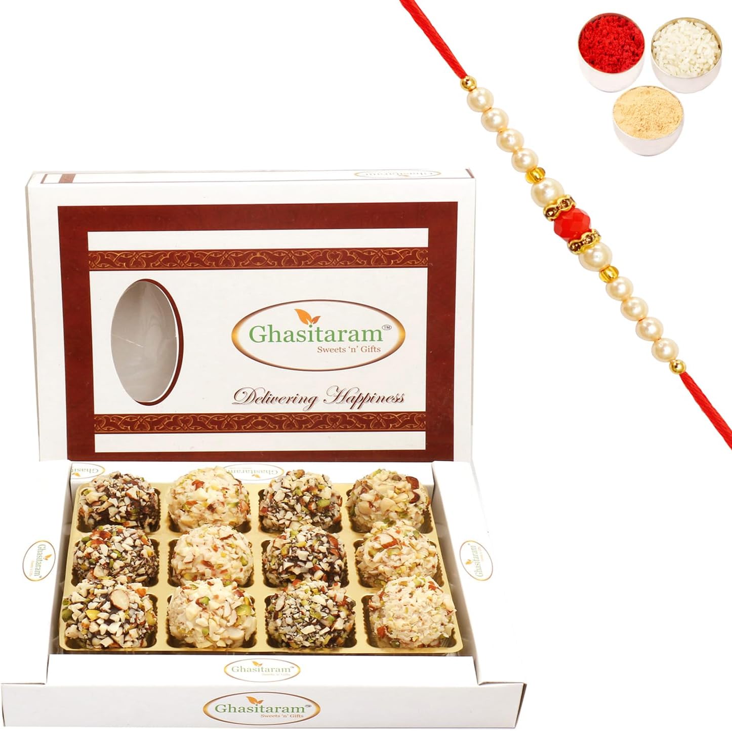 Ghasitaram Gifts Rakhi Gifts for Brothers Rakhi Sweets - Chocolate Dryfruit Laddoos in White Box with Beads Rakhi