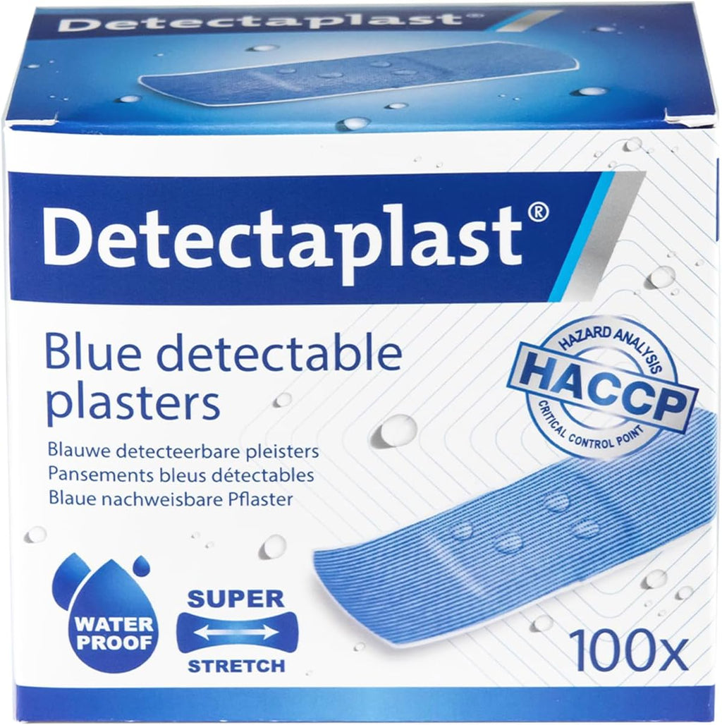 Detectaplast Blue bandaids Premium, Metal detectable and Waterproof bandaids, Essential for Catering First aid kit in Food handling environments, Kitchen aid, 0,98 x 2,83 inches, 100 Strips