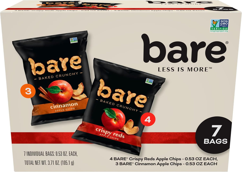 bare Baked Crunchy Apple Chips, 2 Flavor Variety, 0.53oz Snack Bags (7 Pack)