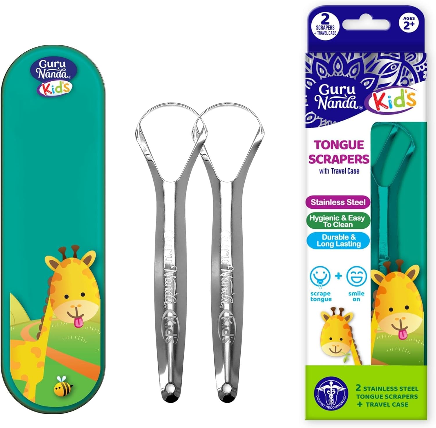 GuruNanda Kids Tongue Scraper (2-Pack) with Travel Case, Stainless Steel, Aids in Fresh Breath - Travel-Friendly Tongue Cleaner (Green/Pink/Orange)