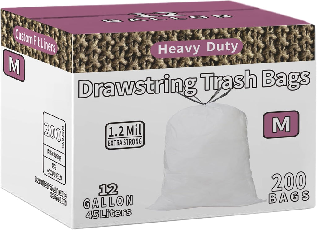Code M Drawstring Trash Bags Compatible with simplehuman Code M | 200 Count total | 12 Gallon / 45 Liter | 1.2 Mil Thinkness | White Garbage Can Liners | Heavy Duty Plastic Trash Bags