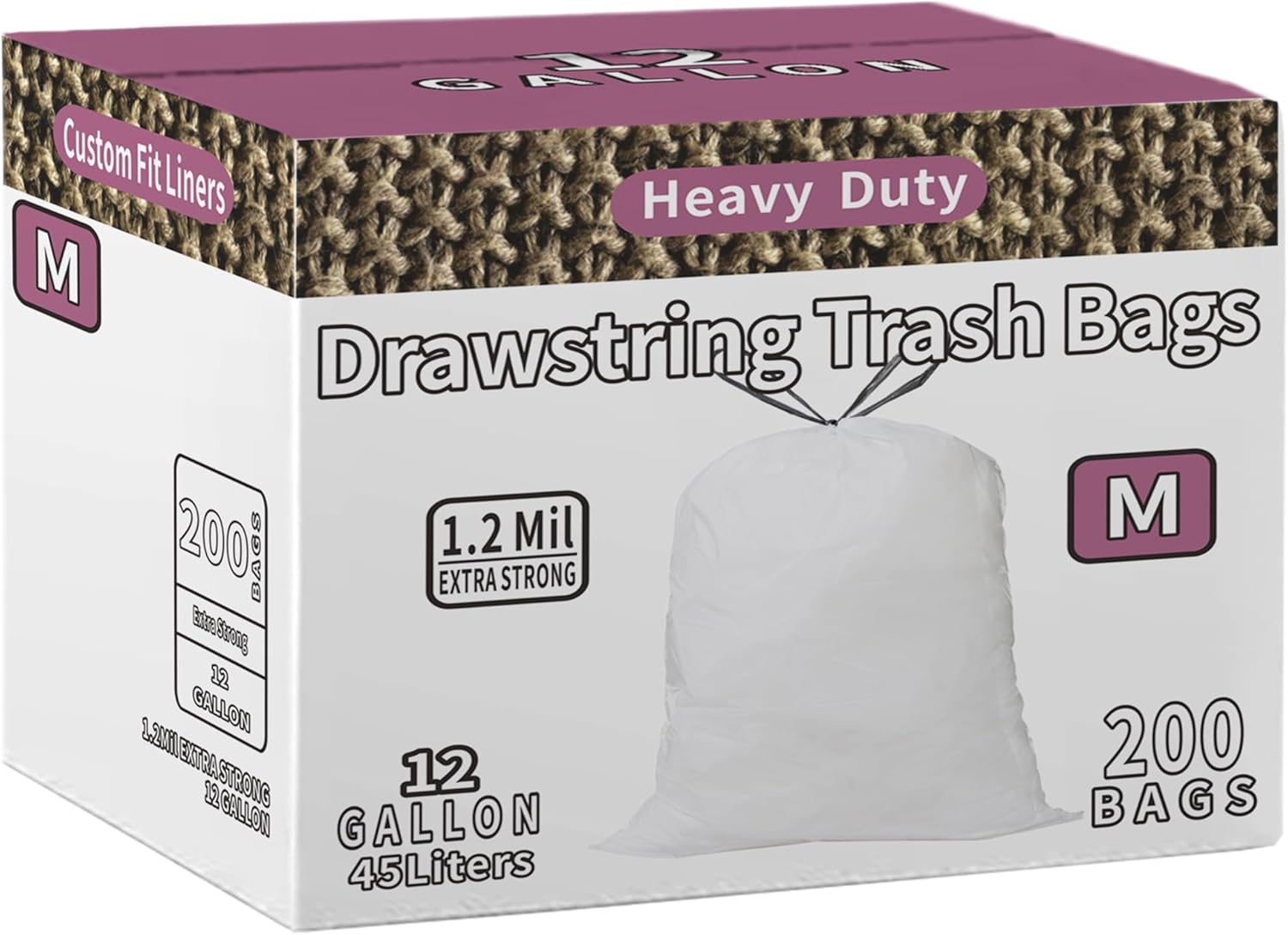 Code M Drawstring Trash Bags Compatible with simplehuman Code M | 200 Count total | 12 Gallon / 45 Liter | 1.2 Mil Thinkness | White Garbage Can Liners | Heavy Duty Plastic Trash Bags