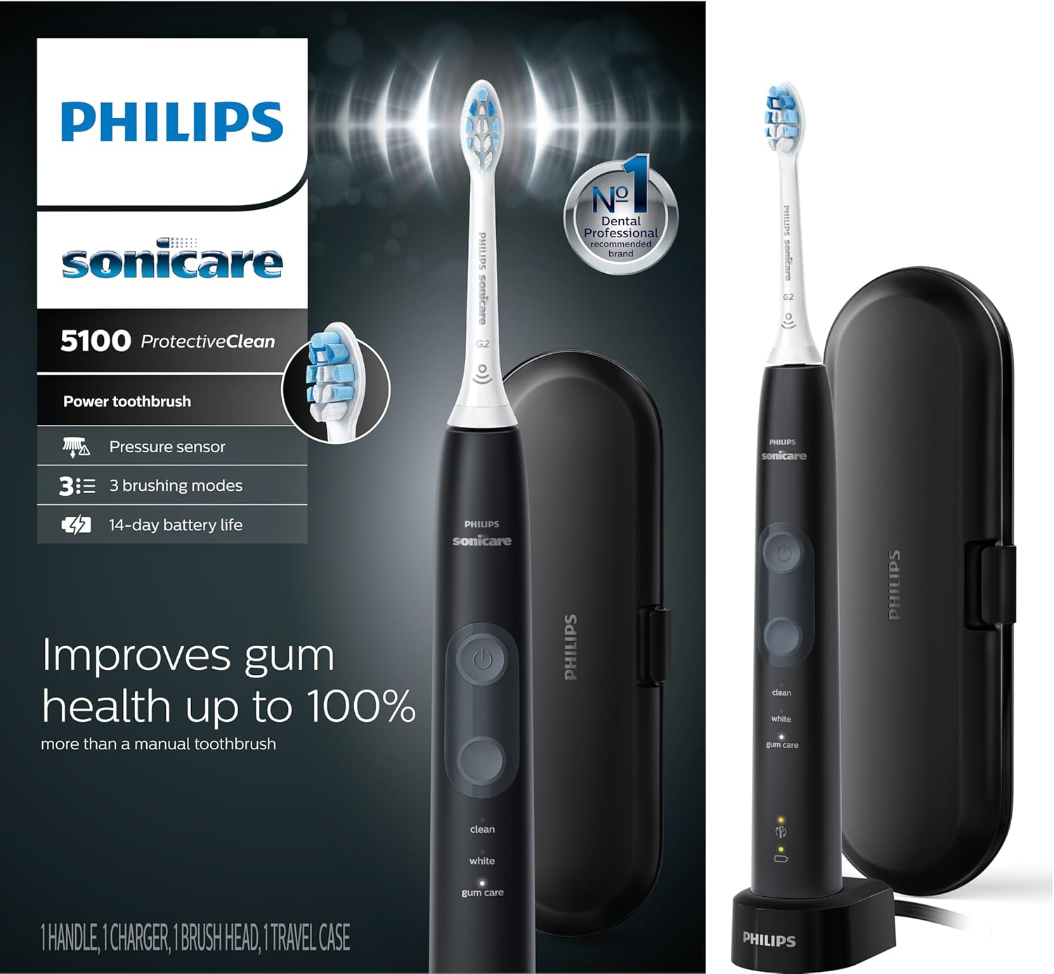 Philips Sonicare ProtectiveClean 5100 Rechargeable Electric Toothbrush, with Pressure Sensor, 3 Cleaning Modes, SmarTimer and QuadPacer, 14-Day Battery Life, Travel Case, Black, Model HX6850/60