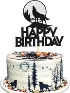 1Pc Wolf Happy Birthday Cake Topper - Timberwolf Howl Glitter Full Moon Cake Picks - Jungle Wild Animal Party Decoration