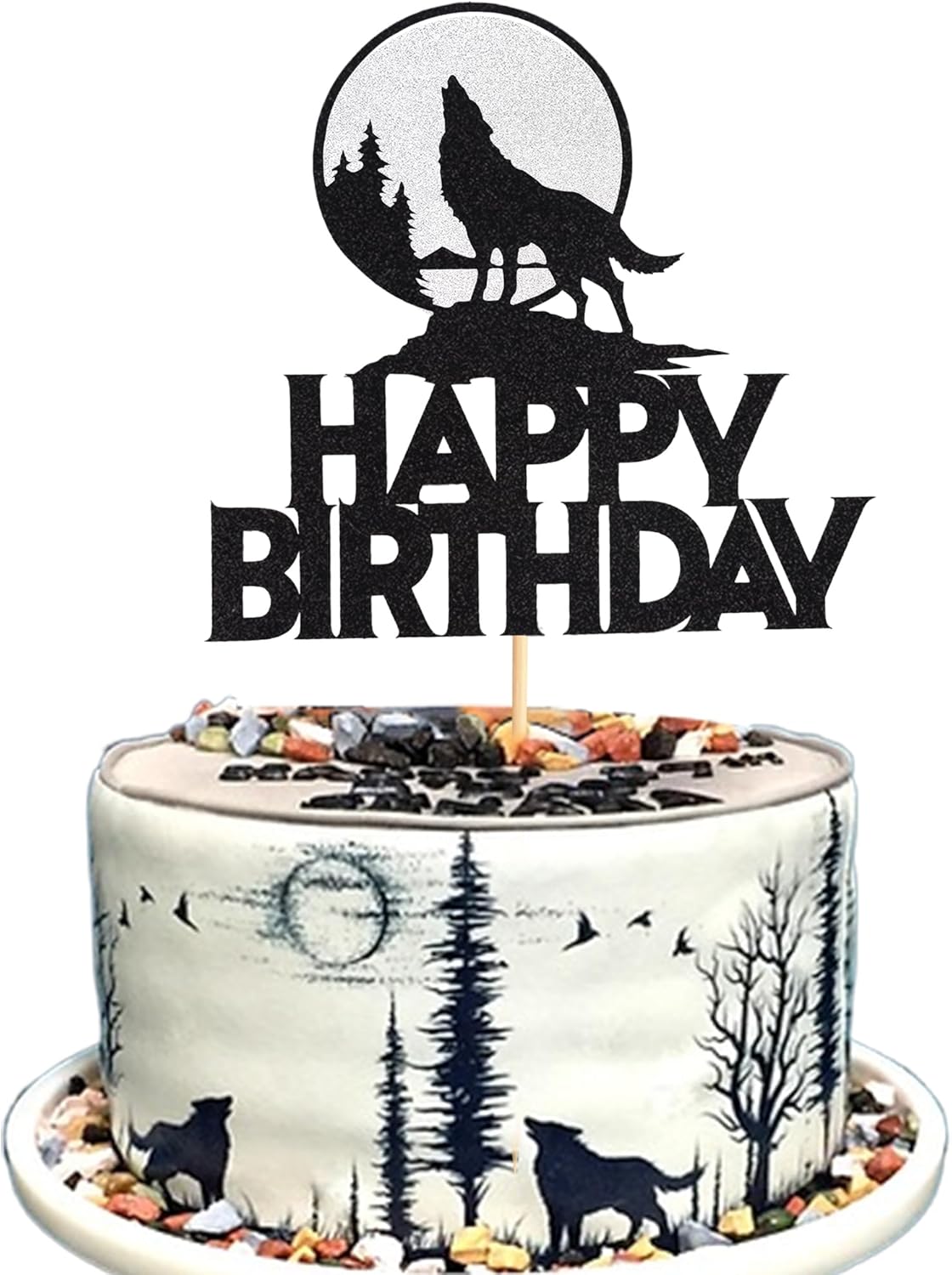 1Pc Wolf Happy Birthday Cake Topper - Timberwolf Howl Glitter Full Moon Cake Picks - Jungle Wild Animal Party Decoration