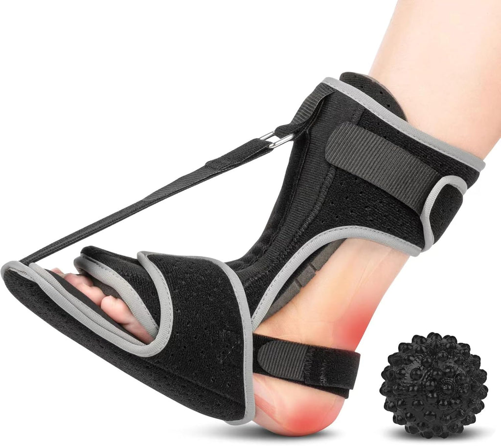 Plantar Fasciitis Night Splint with Massage Ball for Plantar Fasciitis Relief, Comfortable Plantar Fasciitis Brace for Achilles Tendonitis Heal Spur Foot-drop Flat-arch, Free Size for Men and Women - Black