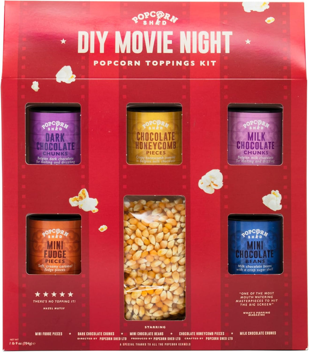 DIY Movie Night Popcorn Toppings Kit, Make Your Own Popcorn, Five Delicious Popcorn Toppings + 500g Popcorn Kernels, Fun for Kids, Adults and Date Night