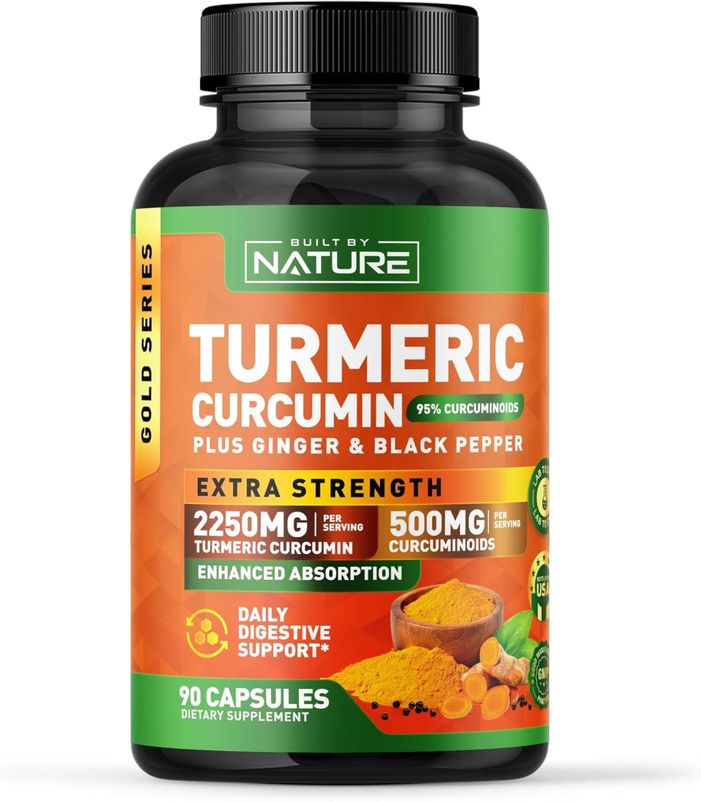 Built by Nature Turmeric Curcumin 2250mg – 95% Curcuminoids with Ginger & Black Pepper for High Absorption – Extra Strength Joint Support – Non-GMO, Vegan - 90 Capsules