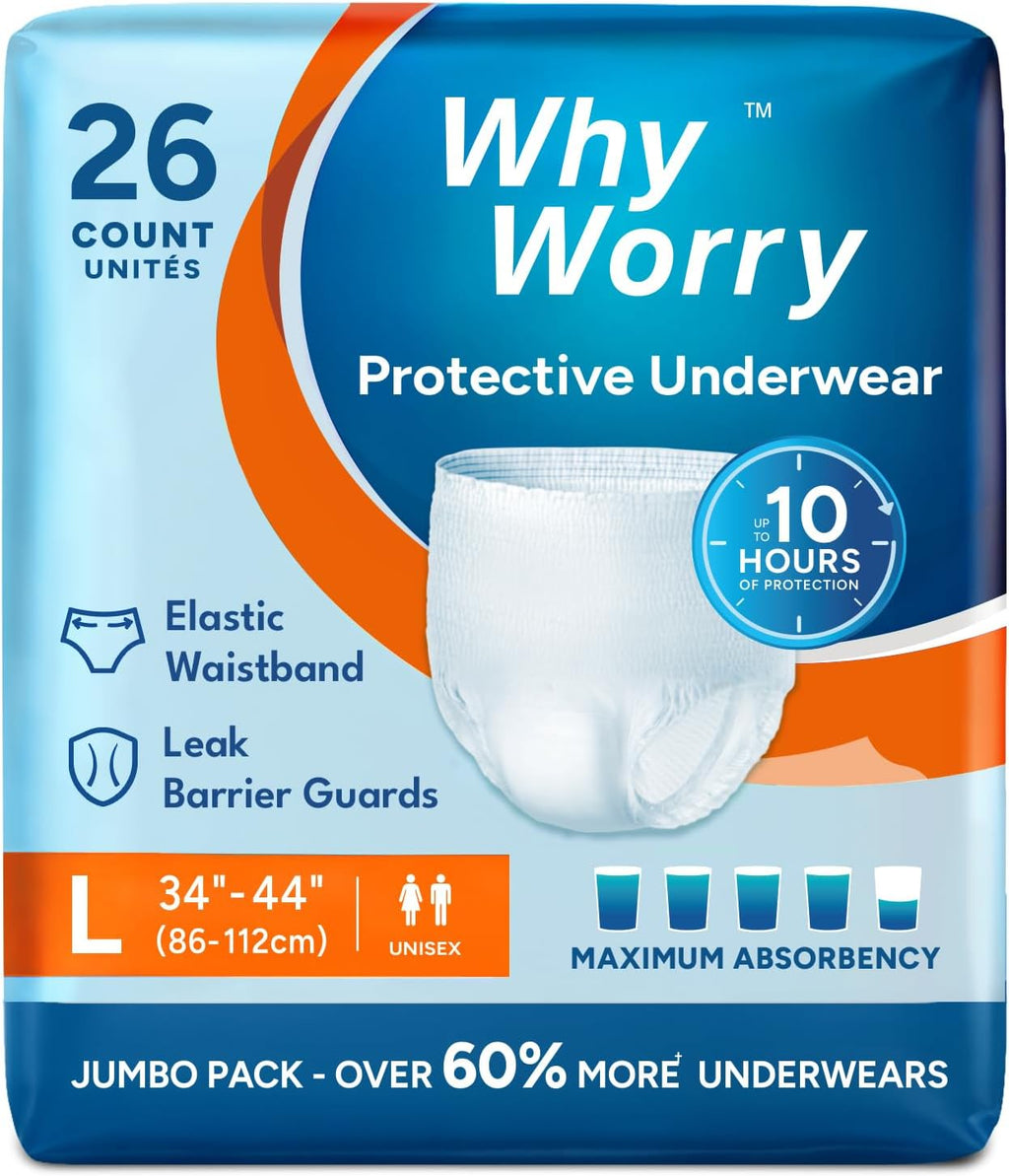 WhyWorry Incontinence Underwear for Women and Men, Disposable Adult Pull Ups with Overnight Absorbency, Leakproof, Unisex, Large, 26 Count