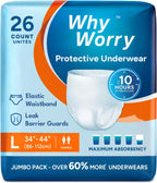 WhyWorry Incontinence Underwear for Women and Men, Disposable Adult Pull Ups with Overnight Absorbency, Leakproof, Unisex, Large, 26 Count