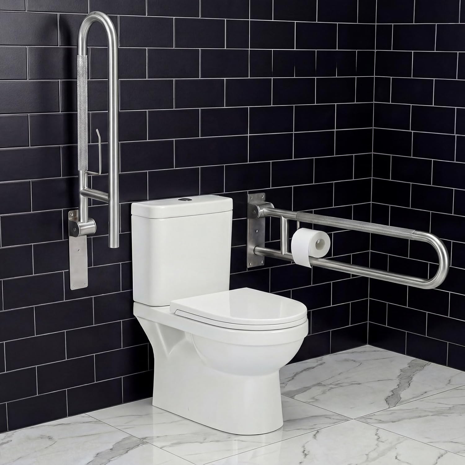 Zonon 2 Pack 30.3 Inch Handicap Grab Bars, Flip up Stainless Steel Toilet Safety Rails, Anti Slip with Paper Holder, Extra Long Bathroom Support Rail for Elderly Disabled Pregnant (Classic)
